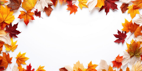 Naklejka na ściany i meble White background, Frame with many autumn leaves. Image to announce that there is an event, copy space.