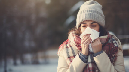 A girl in winter clothes on the street blows her nose into a paper handkerchief  - obrazy, fototapety, plakaty