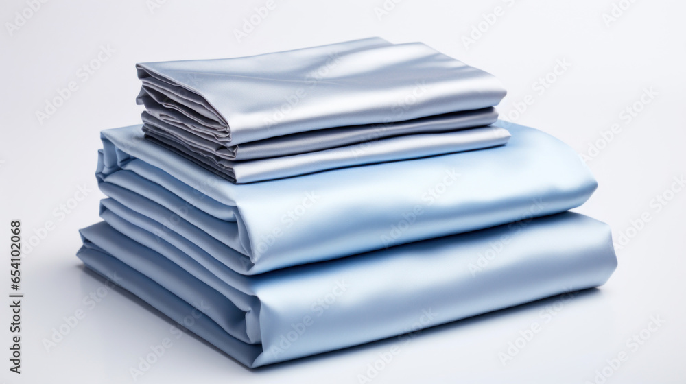 Poster folded clothes in stacks of various simple blue placed on a table on a light background