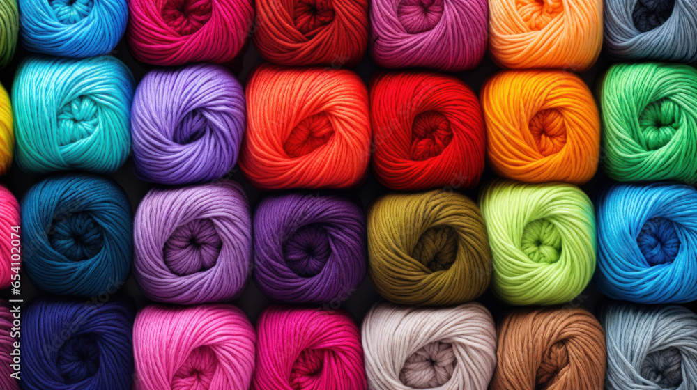 Poster background of colorful skeins of woolen threads