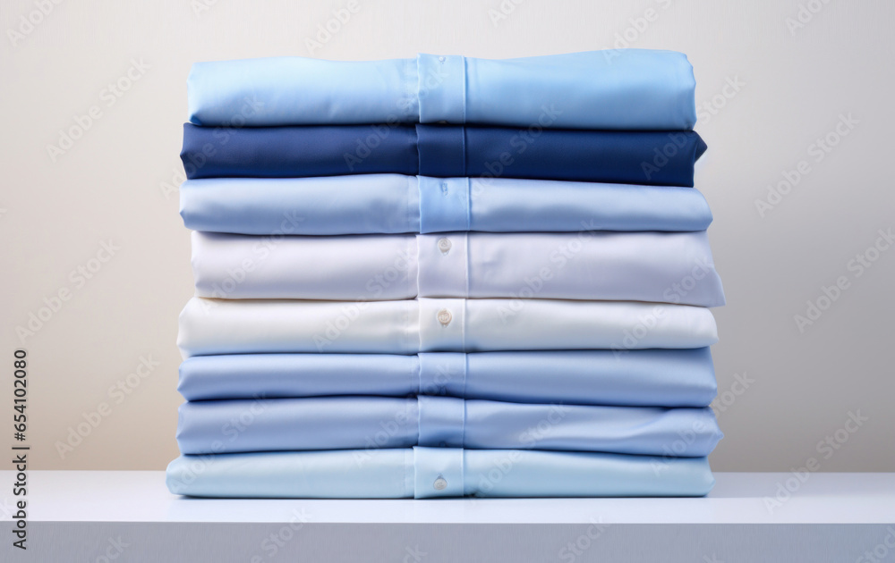 Poster folded clothes in stacks of various simple blue placed on a table on a light background