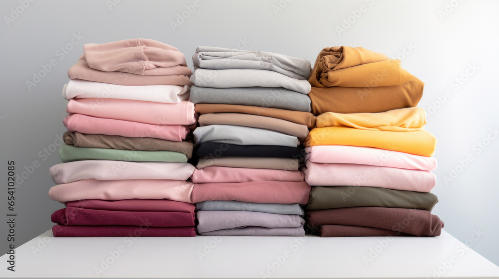 Aufkleber folded clothes in stacks of various simple colors placed on a table on a white background