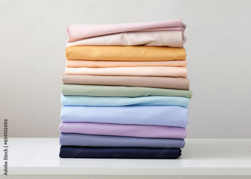 Poster folded clothes in stacks of various simple colors placed on a table on a white background
