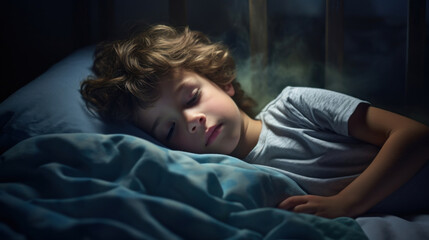 The boy sleeps in a bed with the lights dimmed.