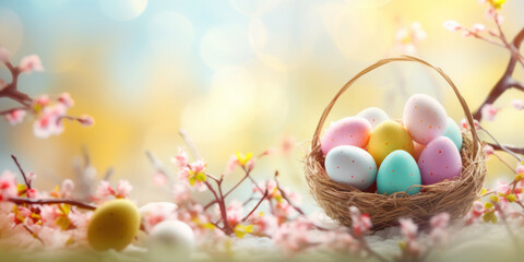 Fototapeta na wymiar Spring easter decoration. Colorful eggs in a basket with flowers