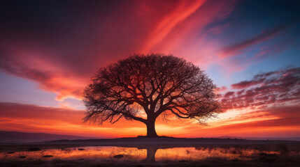 Fototapeta na wymiar Tree silhouette stands tall against colorful evening sky