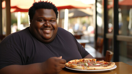 Fat happy man in restaurant or cafe with pizza - obrazy, fototapety, plakaty