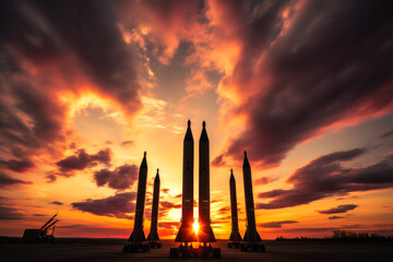 Missiles silhouette against the rising sun. Military and combat concept