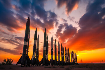 Missiles silhouette against the rising sun. Military and combat concept - obrazy, fototapety, plakaty