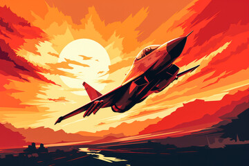 Illustration of a fighter jet flying against a backdrop of brilliant orange and pink hues as the sun sets and cityscape