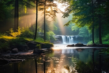 Obraz premium A view of a peaceful forest oasis with pond and soft waterfall and crepuscular rays of sun