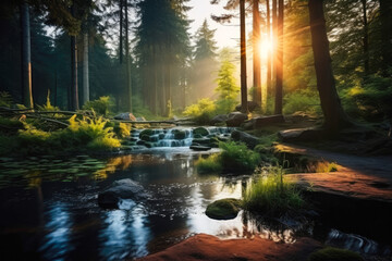 Obraz premium A view of a peaceful forest oasis with pond and soft waterfall and crepuscular rays of sun