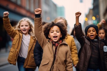 Diverse group of children protesting on city street