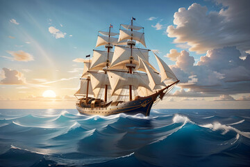 3D, A sailing ship in the middle of the sea - obrazy, fototapety, plakaty