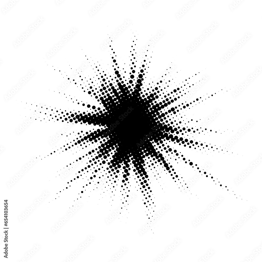 Poster Halftone burst element. Pop art style dotted explosion. Black light star burst with grunge textured effect. Abstract retro noise grain shine star flare. Vector pixelated splash and blast illustration