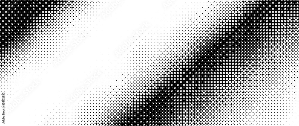 Poster Diagonal halftone texture. Dotted gradient pattern background. Abstract 8 bit faded pop art wallpaper. Vanishing pixelated spotted design backdrop for banner, poster, flyer, cover. Vector bitmap
