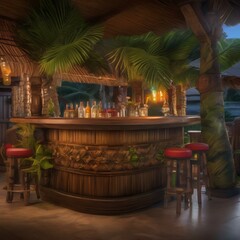 Fototapeta premium A tropical tiki bar with palm fronds and exotic cocktails garnished with fruit2