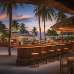 Fototapeta premium A beachside bar with surfboards, palm trees, and tropical cocktails1