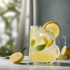 A glass of freshly squeezed lemonade with ice cubes and a slice of lemon1