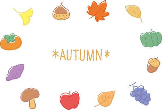 手描きのかわいい秋の野菜と果物のフレーム（デコボコの線）