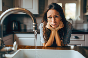 Woman looking at her kitchen sink, worried about a plumbing problem. Suggesting a leak and the need for help and assistance, plumber needed - obrazy, fototapety, plakaty