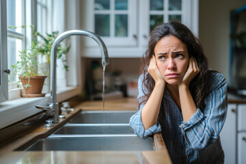 Woman looking at her kitchen sink, worried about a plumbing problem. Suggesting a leak and the need for help and assistance, plumber needed - obrazy, fototapety, plakaty