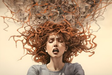 Emotive Anxiety Illustration,A Visual Insight into Psychological Struggles, Girl who has anxiety and shows her mind and body suffering with her dark imagination,struggling with anxiety and depression - obrazy, fototapety, plakaty