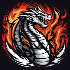 A logo for a business or sports team featuring a fictional fierce fire breathing dragon cartoon that is suitable for a t-shirt graphic.