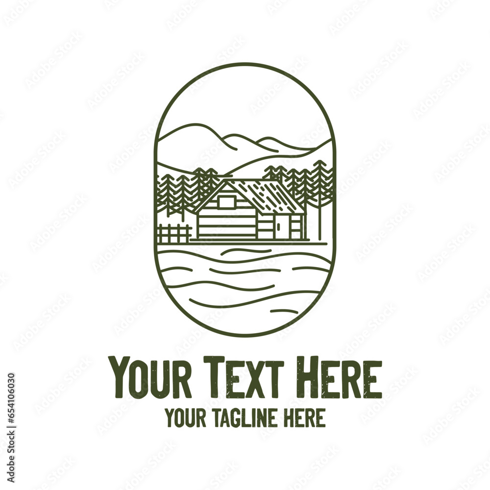 Wall mural hipster mountain cabin cottage chalet with pine conifer evergreen spruce fir larch forest logo