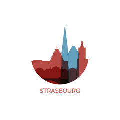 France Strasbourg city cityscape skyline capital panorama vector flat modern logo icon. Alsace town emblem idea with landmarks and building silhouettes - obrazy, fototapety, plakaty
