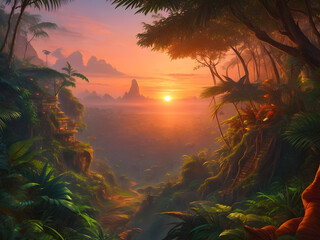 Beautiful photo of jungle forest landscape at sunset or sunrise