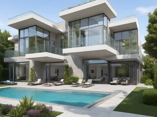 Fototapeta premium Modern house with open plan living with a swimming pool 