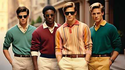 Preppy Style Ad with Young Males in Pastel Colors and Khakis. 3 White Males and 1 Black Male. 80s Ivy League Vibe.