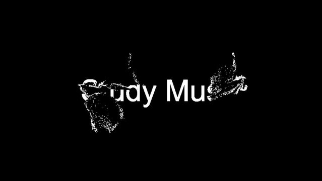 Animation of white particles forming the text Study Music on a black background