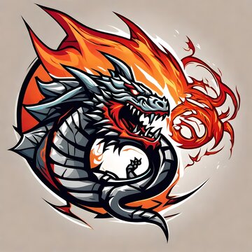 A logo for a business or sports team featuring a fictional fierce fire breathing dragon cartoon that is suitable for a t-shirt graphic.