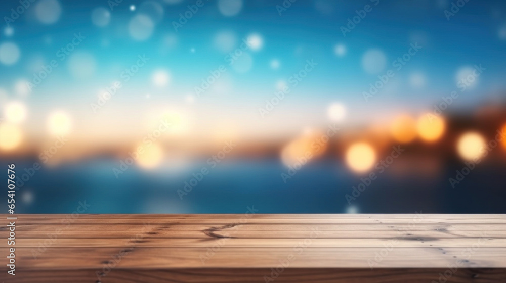 Poster empty wood plank table top with blur blue ocean and bokeh light. mock up for display or montage of p