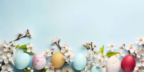 Fototapeta na wymiar Colorful Easter eggs with spring blossom flowers on soft blue background.