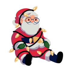 santa claus tangled in lights