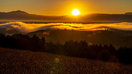 日の出　雲海と山のシルエット　絶景