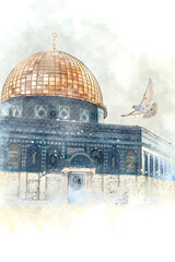 Watercolor painting sketch of a dome of the rock in jerusalem, palestine