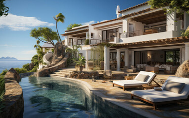 Fototapeta na wymiar Mediterranean white house with pool on hill with stunning sea view. Generating AI