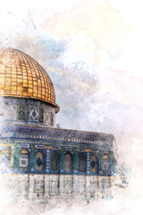 Watercolor painting sketch of a dome of the rock in jerusalem, palestine