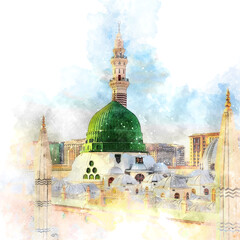 watercolor painting sketch of a green mosque with a green dome, prophet mosque in medina, saudi arabia