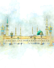 watercolor painting sketch of a green mosque with a green dome, prophet mosque in medina, saudi arabia