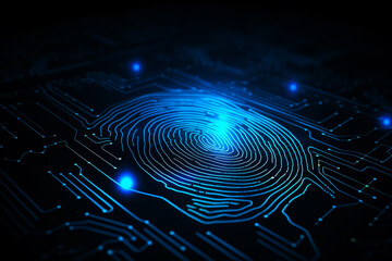 DIgital fingerprint blue light technology concept. - obrazy, fototapety, plakaty