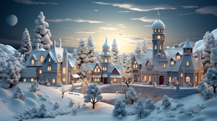 Winter wonderland landscape background at night. Christmas day in village celebration. - obrazy, fototapety, plakaty