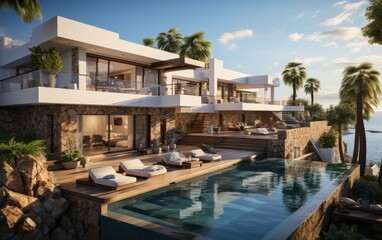 Obraz premium Mediterranean white house with pool on hill with stunning sea view. Generating AI