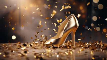 Pair of golden high heel party shoes - obrazy, fototapety, plakaty