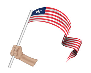 3D illustration. Hand holding flag of Liberia on a fabric ribbon background.