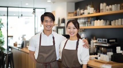 Fototapeta premium An Two beautiful and smiling male and female service staff, smiling happily at their cafeteria work